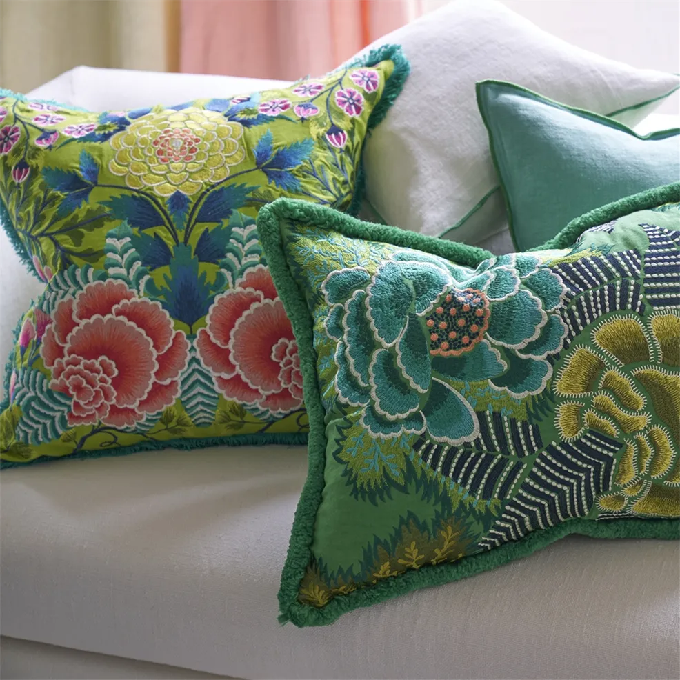 Brocart Decoratif Embroidered Lime Cotton Cushion by Designers Guild