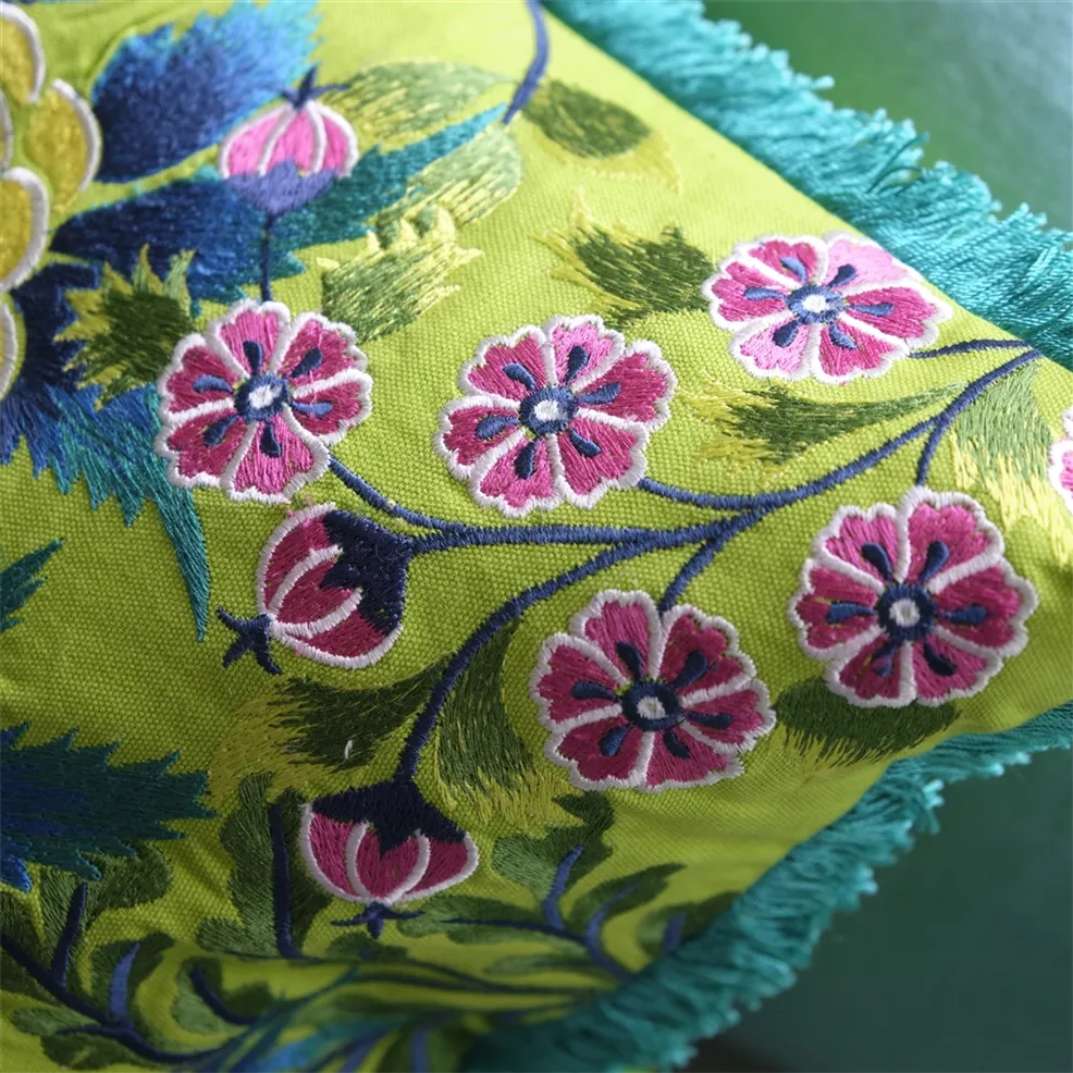 Brocart Decoratif Embroidered Lime Cotton Cushion by Designers Guild