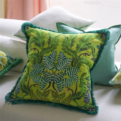 Brocart Decoratif Embroidered Lime Cotton Cushion by Designers Guild